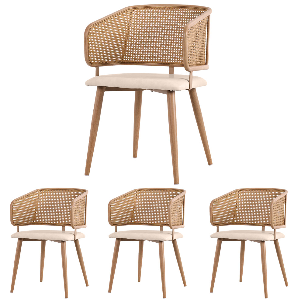 Dining Chairs 4 pcs - Rattan Backrest & PU Leather Seat Breathable & Comfortable for Restaurant Living Room Café Beige-image-OPC-PMTT2JB-NEW