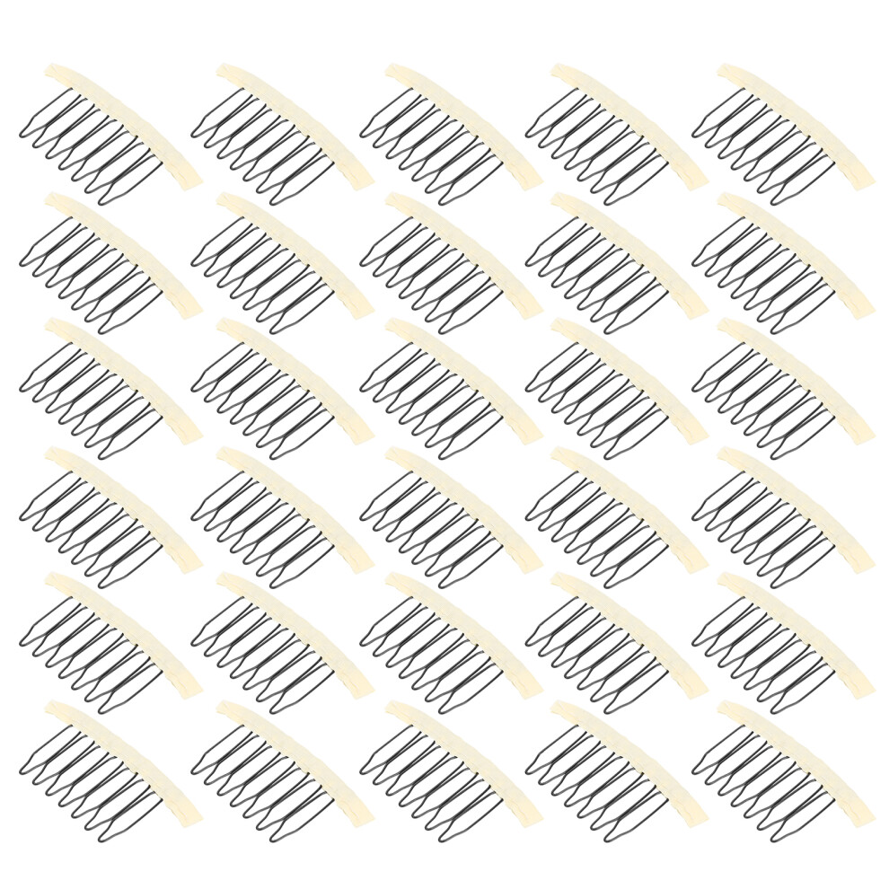 Unisex Beige 30Pcs 7-Teeth Stainless Steel Wig Comb Clips Hairpiece Cap Accessories