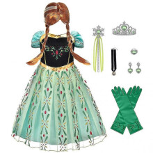 (150, Green) Girls Kids Anna Princess Costume Suit With Wig 8 Pack Snow Party Cosplay Fancy Dress Anna Costume Dress With Wand Crown Tiara