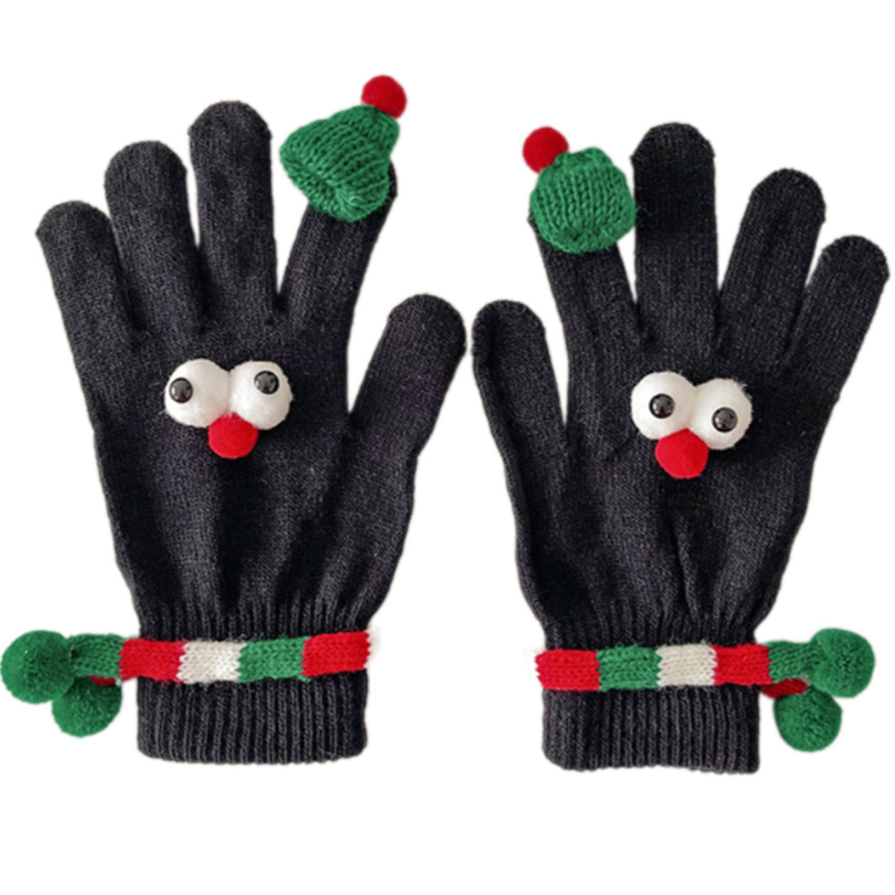 Black Warm Christmas Gloves With 3D Santa Hat Decors- Adult