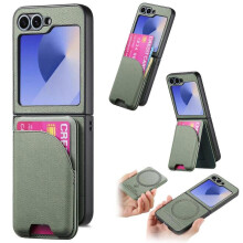 (For Samsung Galaxy Z Flip6, Green) Twill Fabric Leather Skin Card Bag Magnetic Back Phone Case