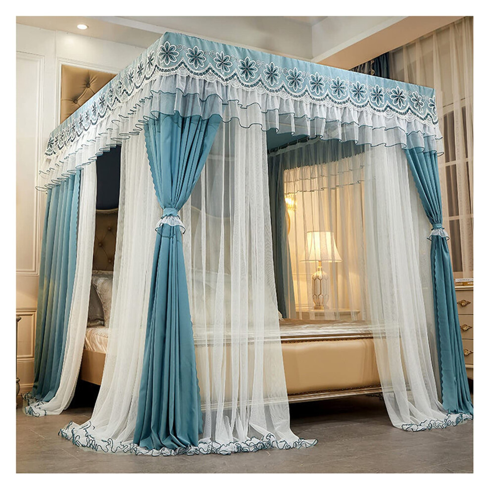 Princess Bed Canopy Mosquito Net 4-Corner Post, Embroidery Lace, Blackout Curtains For Double Bed, Size 1.5X2m, Blue