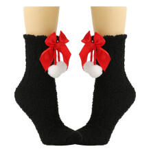 Women Cute Christmas Bowknot Velvet Socks-black red hairball