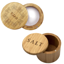 Elegante saleiro e pimenteiro de bambu com tampa giratória magnética, ideal para armazenar ingredientes secos e fácil de abrir, facilitando o