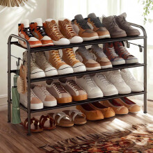 (85x28x52.9cm) Shoe Rack, 3-Tier Shoe Organiser, Fabric Shoe Shelf Storage with 4 Hooks, Holds up to 18 Pairs of Shoes