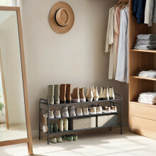 (114x28x52.9cm) Shoe Rack, 3-Tier Shoe Organiser, Fabric Shoe Shelf Storage with 4 Hooks, Holds up to 18 Pairs of Shoes