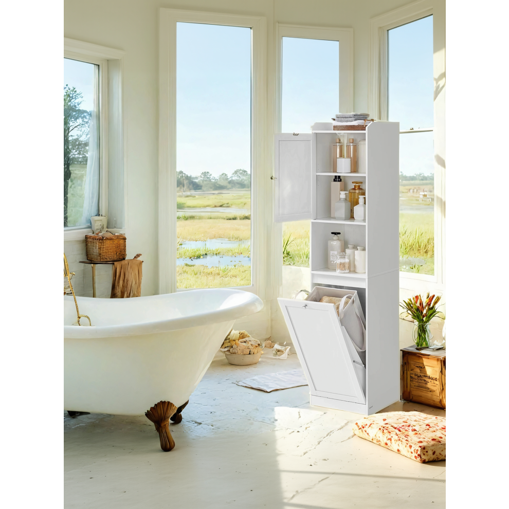 Tall Bathroom Cabinet with Laundry Basket, Storage Unit, Removable Laundry Basket with Handles, White-image-OPC-PMTYTKP-NEW