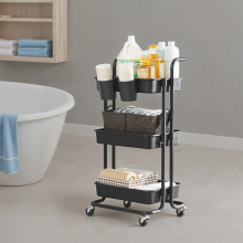 3 Tiers Mobile Trolley, Storage Shelf with Handle, Plastic Baskets, for Bedroom, Kitchen, Black
