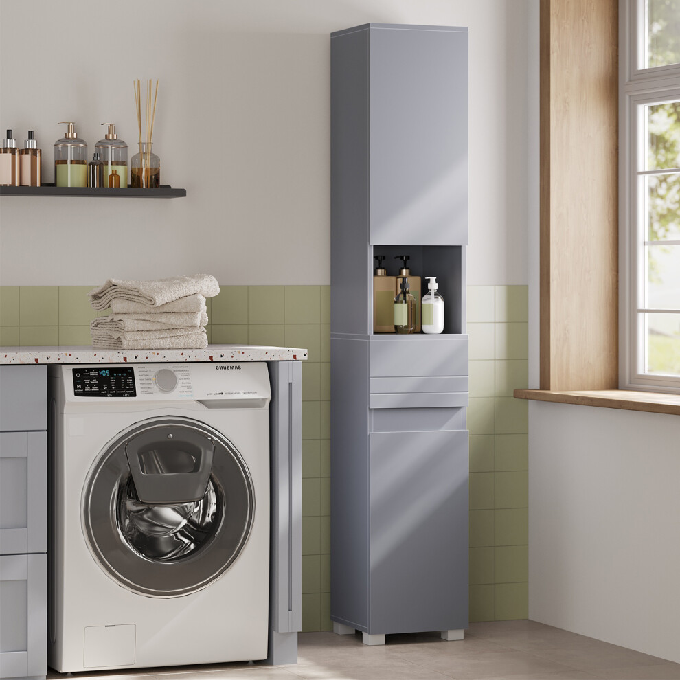 Vasagle (Mystic Grey) Tall Bathroom Cabinet, Slim Storage Cabinet, Narrow Cupboard, Bathroom Storage Unit, With A Drawer, Adjustable Shelves