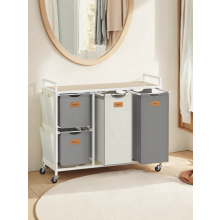 4 Compartment Laundry Sorter with Shelves, Rolling Laundry Cart, Chestnut Brown