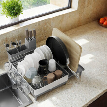 Dish Drainer Rack, Expandable Dish Drying Rack, Stainless Steel Kitchen Dish Rack with Rotatable Spout, Utensil, Cup, Glass, Cutting Board