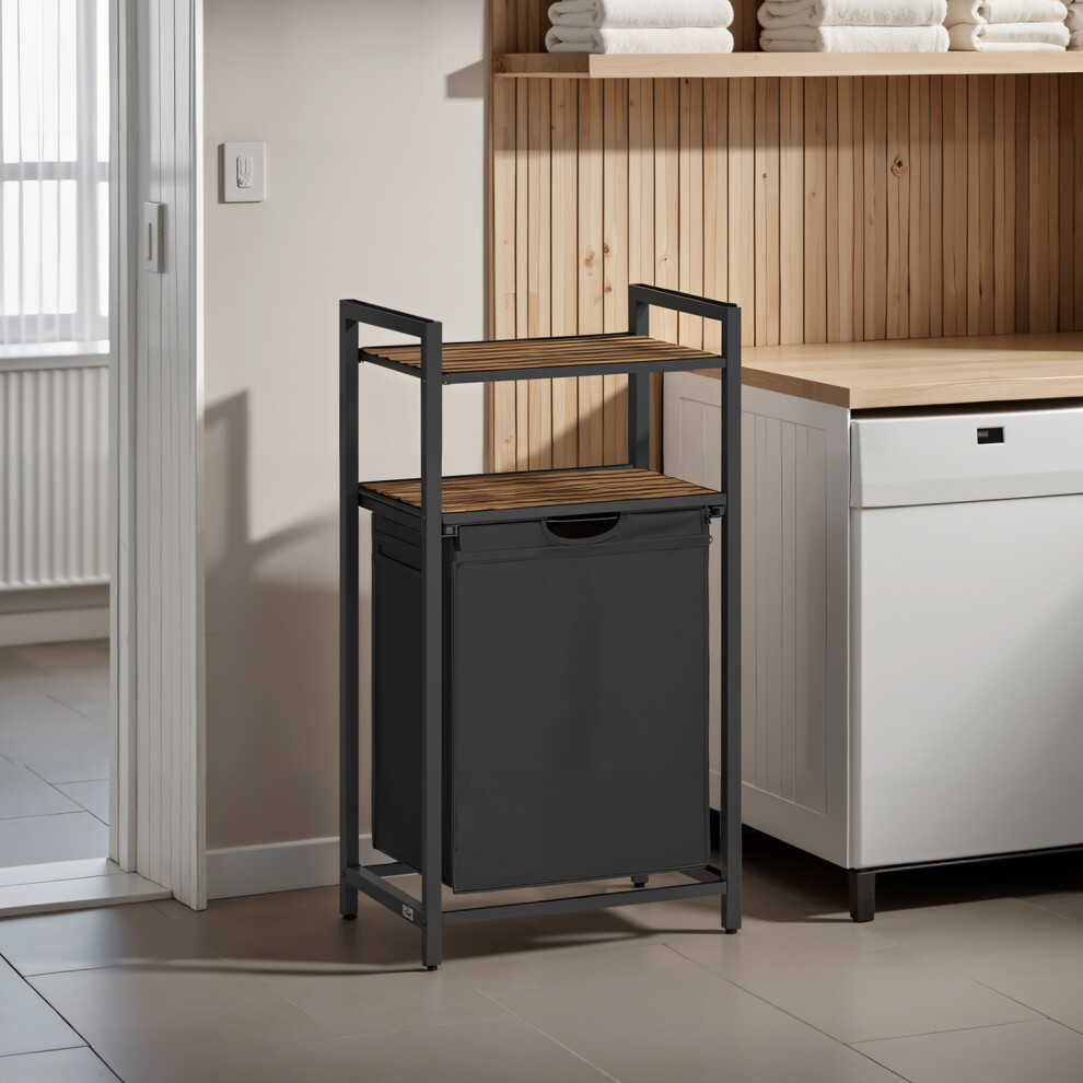 Vasagle (50X33x92cm, Rustic Black) Laundry Basket, Laundry Hamper, Laundry Sorter, 2 Shelves Brown/Black