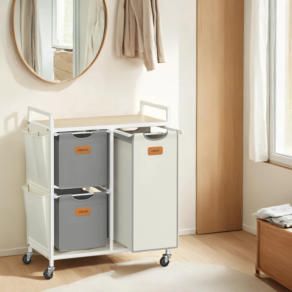 Vasagle 3-Compartment Laundry Hamper, 100 L Laundry Cart With Shelves, Natural Beige, Dove Gray And White
