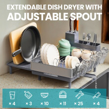 Dish Drainer Rack, Expandable Dish Drying Rack, Kitchen Dish Rack with Rotatable Spout, Utensil, Cup, Glass