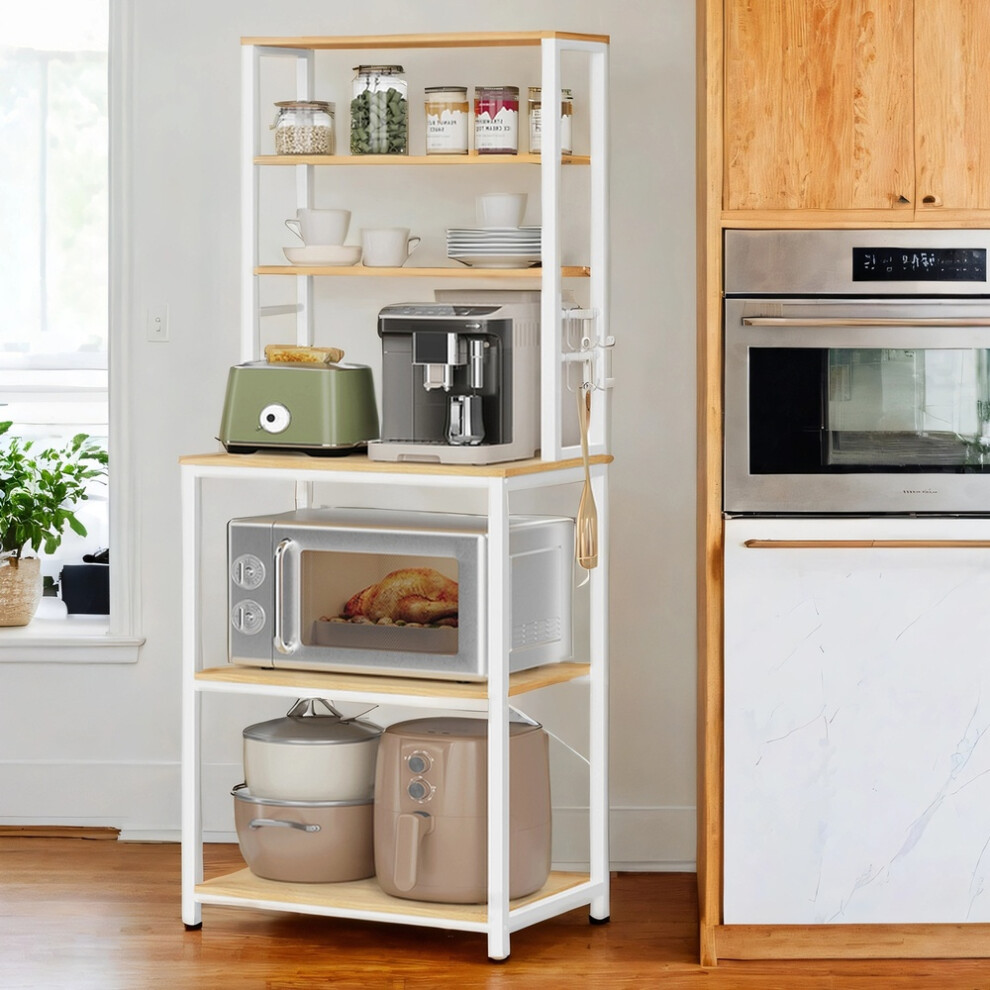 Vasagle Kitchen Storage Rack, Coffee Bar, Baker S Rack, Total 6 Shelves And 6 Hooks, For Microwave, Steel Frame, Industrial White