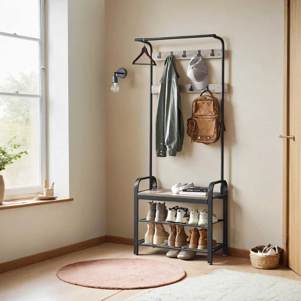 Vasagle Coat Rack, Coat Stand With Shoe Storage Bench, 4-In-1 Design, With 9 Removable Hooks, A Clothes Rail,Industrial Black