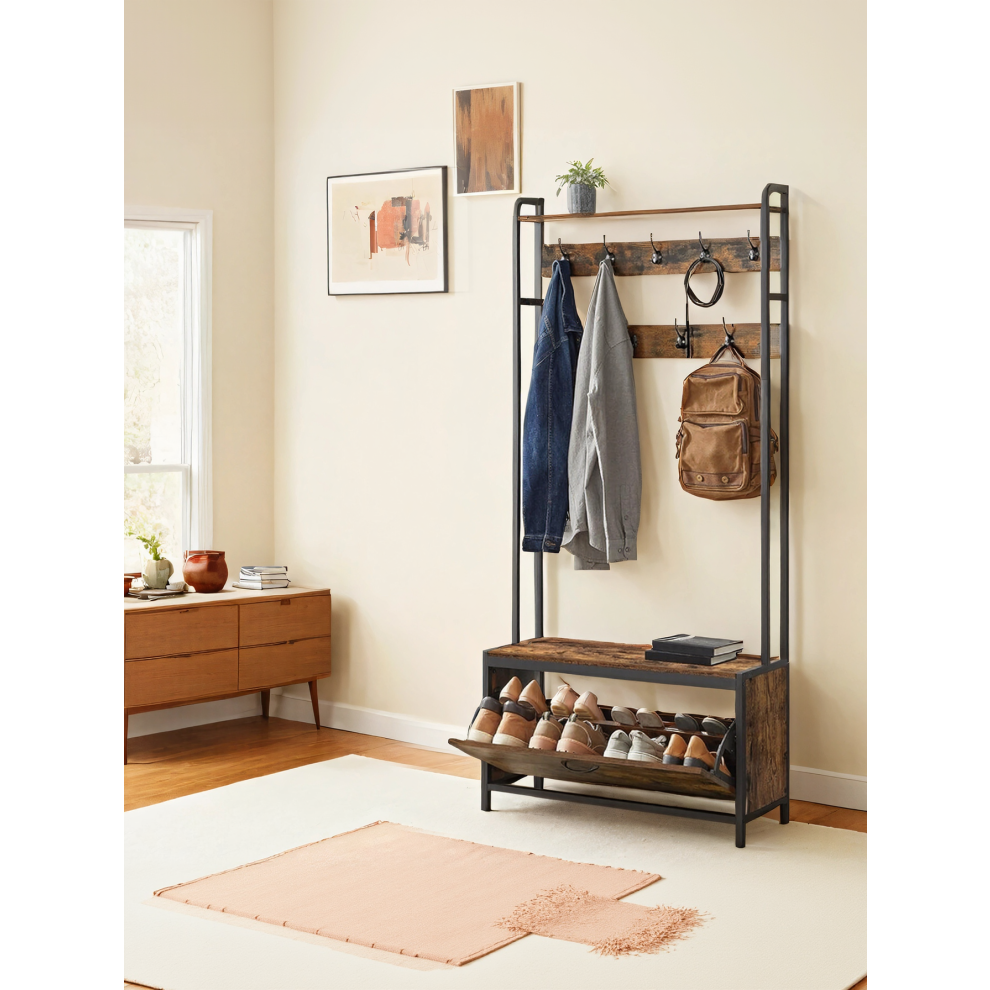 Vasagle Coat Rack With Shoe Storage, Hall Tree With Bench, 9 Hooks And Top Shelf, For Hallway, Bedroom, Industrial Style