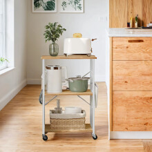 (Golden Oak and Cloud White) Kitchen Shelf on Wheels, Serving Trolley with 3 Shelves, Microwave Shelf, for Mini Oven, Toaster, with 6 Hooks