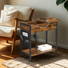 Slim Side Table with Charging Station, Narrow Bedside Table with Storage, End Table with USB Ports, Outlets