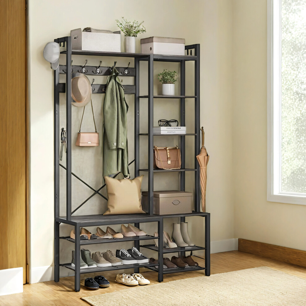 Vasagle (Stone Grey And Ink Black) Hall Tree With Bench And Shoe Storage, Hallway Coat Rack With Shoe Bench And 5 Storage Shelves, 140 X 120 X 190 Cm Black,Grey