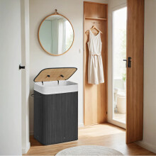 Bamboo Laundry Basket, 72L Foldable Laundry Hamper, Rectangular Storage Hamper with 3 Handles, 40 x 30 x 60 cm, Black LCB10B