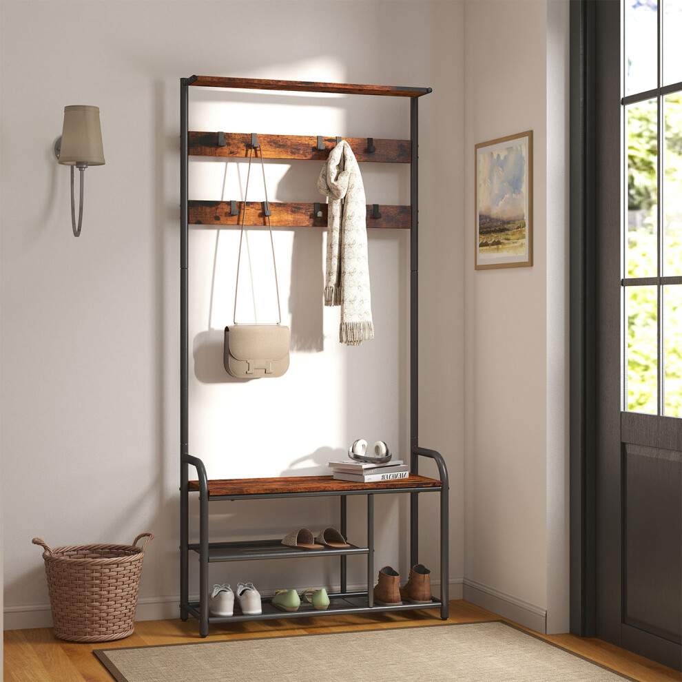Vasagle Rustic Industrial Coat Rack With Bench & Storage Hooks