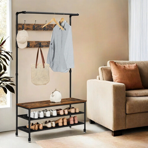 VASAGLE Industrial Pipe Coat & Shoe Rack with Bench and Hooks 2