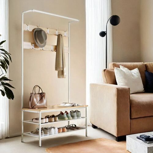 VASAGLE Industrial-Style Coat Rack with Shoe Storage and Bench 2