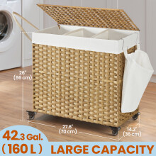 Laundry Basket with Lid, 160L, Rolling Laundry Hamper with Wheels, 70 x 36 x 66 cm