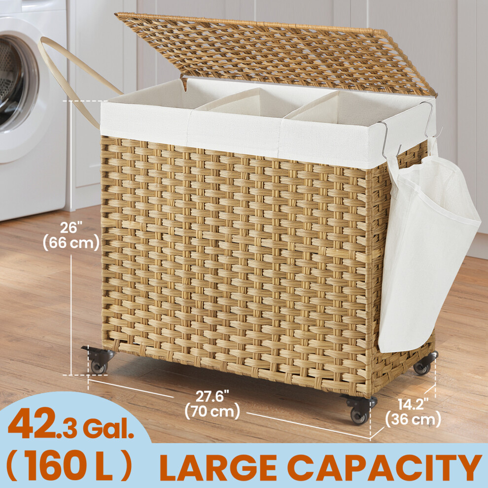 Songmics Laundry Basket With Lid, 160L, Rolling Laundry Hamper With Wheels, 70 X 36 X 66 Cm