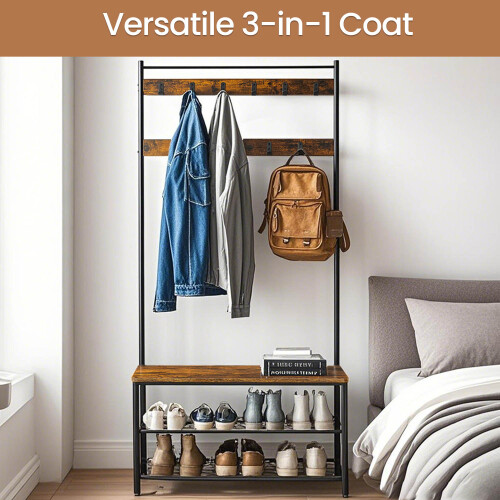 VASAGLE 3-in-1 Coat Rack with Shoe Bench and Storage Shelves 1
