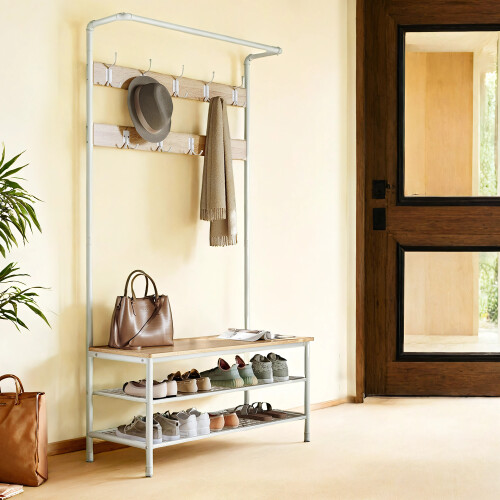 VASAGLE Industrial-Style Coat Rack with Shoe Storage and Bench 1