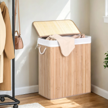 Laundry Basket, 100 L Laundry Basket, Dirty Sorting Compartment, Bamboo Lid, Handles, Foldable, Removable Machine Washable Bag