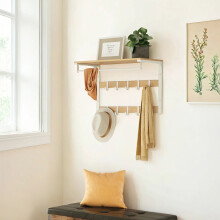 (65x30x42cm, Oak and White) Wall-Mounted Coat Rack, Wall Shelf with 10 Removable Hooks, Clothes Rail, Coat Hooks with Shelf
