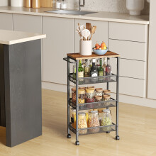 (Rustic Brown, Black) 4-Tier Trolley, Space-Saving Kitchen Cart with Wheels, Handle, Trolley for Small Spaces, Kitchen Bathroom Living Room