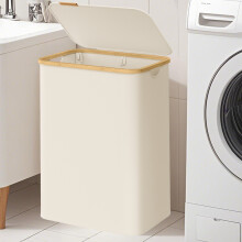 (Cream White) Laundry Basket with Lid, 2-Section Large Laundry Hamper, 130L, Removable Mesh Liner, Oxford Fabric, Bamboo Handles, Collapsible