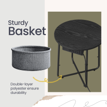 Round Side End Table with Fabric Basket and Power Outlets, Black and Grey