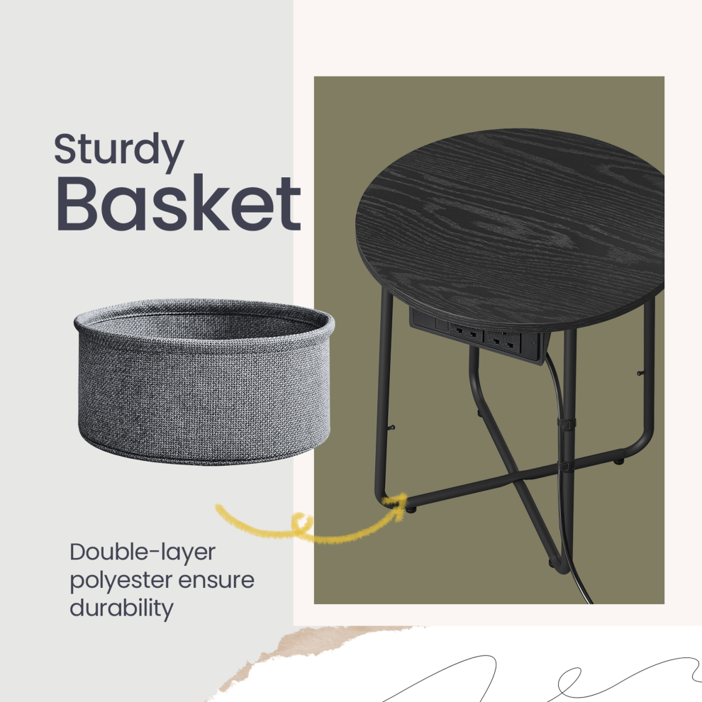 Vasagle Round Side End Table With Fabric Basket And Power Outlets, Black And Grey