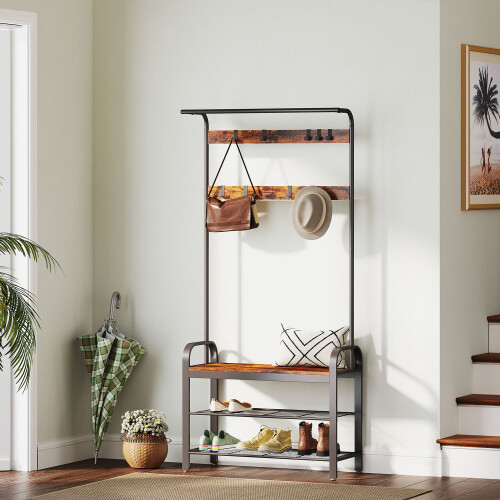 VASAGLE Rustic Industrial Coat Rack with Bench & Storage Hooks 2