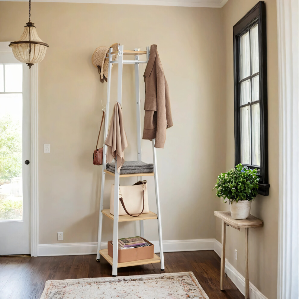 (Oak and White) Coat Stand, Coat Rack with 8 Double Coat Hooks, 4 Shelves, Clothes Rails, Metal Frame, for Jackets, Bags, in Hallway-image-OPC-PGBYRFC-NEW