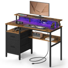 (Rustic Brown) Computer Desk with Fabric Drawers, Study Desk with Monitor Stand, LED Lighting, 55 x 120 x 90 cm, Built-in Power Outlets, 2 USB-A Ports