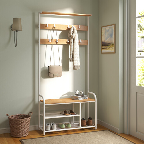 VASAGLE Multifunctional Coat Rack with Bench, Hooks & Shoe Storage 1