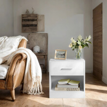 (39x27.6x41cm, Classic White) Bedside Table with Drawer, Handle, Open Compartment, for Bedroom, Living Room