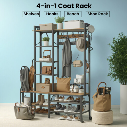 VASAGLE 4-in-1 Hall Tree with Bench, Hooks, Shoe Rack & Shelves 2