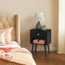(Ebony Black) Bedside Table, Side Table with Storage Drawer and Open Shelf, Solid Wood Legs, End Table for Living Room, for Bedroom