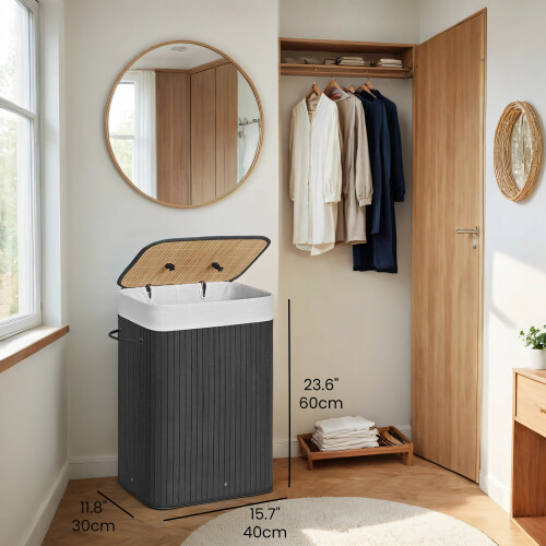 Songmics Bamboo Laundry Basket, 72L Foldable Laundry Hamper, Rectangular Storage Hamper with 3 Handles, 40 x 30 x 60 cm, Black LCB10B 2