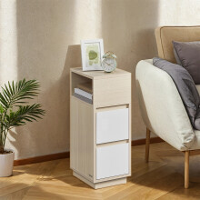 (Natural Beige and Cloud White) Slim Bedside Tables, Set of 2, Small Narrow Side End Tables with 2 Drawers, 1 Open Compartment Mounted