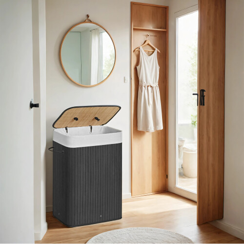Songmics Bamboo Laundry Basket, 72L Foldable Laundry Hamper, Rectangular Storage Hamper with 3 Handles, 40 x 30 x 60 cm, Black LCB10B 1