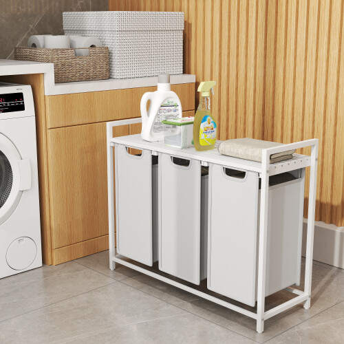 VASAGLE 3-Compartment Laundry Basket with Slatted Shelf & Liners 2