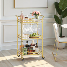 (Gold) 3-Tier Drinks Trolley, Gold Bar Cart on Wheels, with Handles, Mirrored Glass Shelves, Serving Trolley for Small Spaces